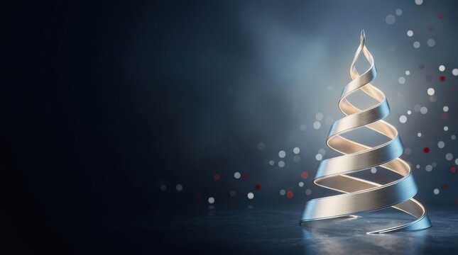 Elegant silver ribbon Christmas tree with bokeh lights during festive celebration