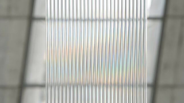 Textured fluted glass panel displaying vertical parallel lines with translucent iridescent reflections and soft daylight lighting background
