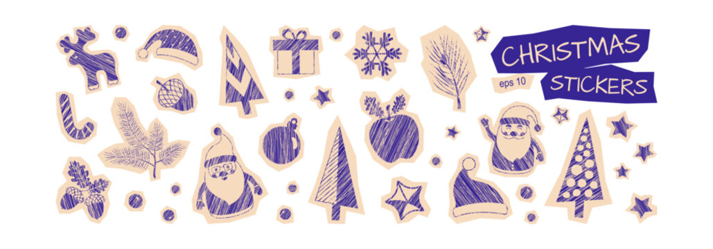 Christmas collage sticker, winter scribble doodle. Blue scribble Xmas tree, fir and pine, holly berry and Santa Claus. Holiday scrapbook italian amalfi style old paper isolated. Vector illustration