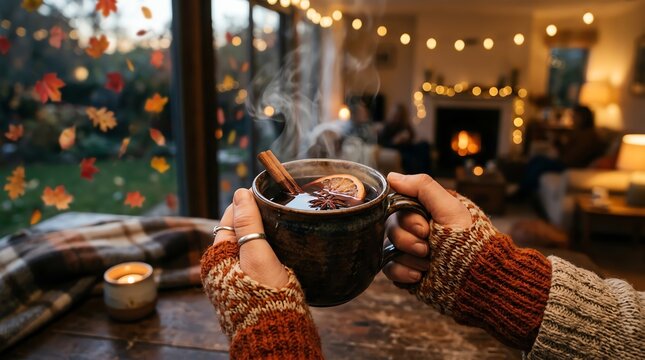 Hands warming with a steaming mug of mulled wine by a cozy fireplace in autumn