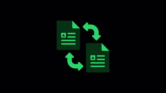 Green file document exchange icon featuring diagonal shine animation for data transfer software applications, high quality video footage transfer, shine, document, file, sync