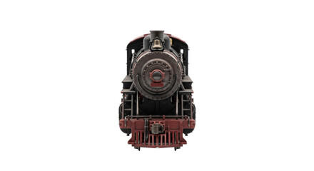 Front view of a vintage steam locomotive with a red cowcatcher isolated against black © Ophelia
