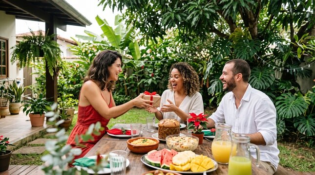 A woman in a red dress gives a gift to a woman in a white top sitting at a table in a garden with a man smiling next to her, with a feast spread out on the table