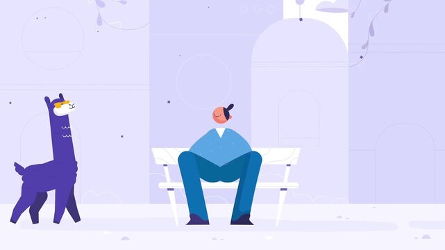 Sad person sitting on white park bench while purple llama wearing sunglasses walks nearby in city