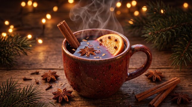 A steaming mug of mulled wine garnished with a cinnamon stick, star anise, and orange slice, surrounded by festive fairy lights and evergreen branches. The warm.