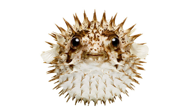 Isolated porcupinefish or pufferfish, fully inflated with sharp spines, aquatic sea creature