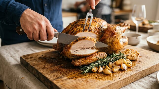 Man Slicing Perfectly Roasted Thanksgiving Turkey with Rosemary and Garlic on Wooden Board