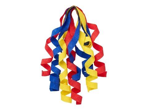 Colorful hanging paper streamers cascading down against a clean isolated white background studio setting