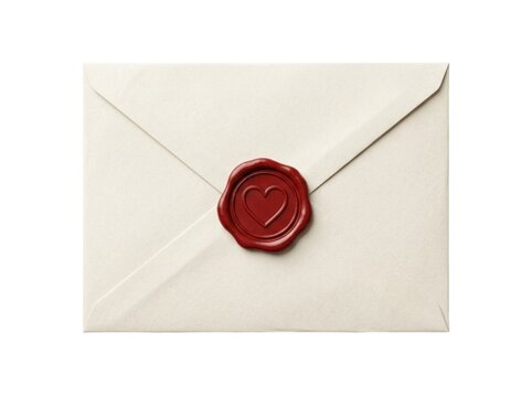 Closed vintage cream envelope featuring shiny red wax seal stamped with romantic heart symbol