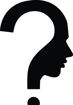 Conceptual black silhouette of a human head shaped like a question mark symbolizing mystery, psychology, curiosity, and deep thinking