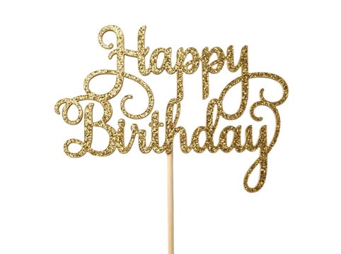 Sparkling gold glitter happy birthday cake topper isolated on pure white studio background