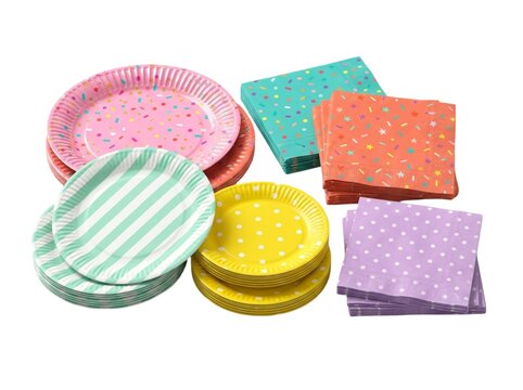 Colorful disposable paper plates and matching napkins arranged neatly together for joyful children birthday parties