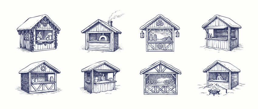 Christmas market stall sketch set with traditional wooden winter vendor booths, snow roofs, and holiday food. Hand-drawn vintage line art illustration for festive outdoor seasonal fair designs.