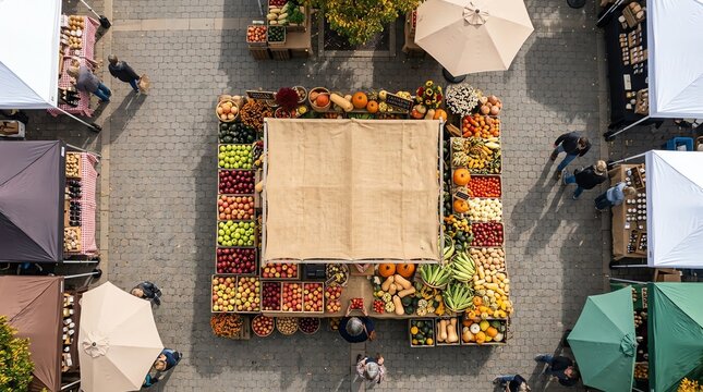 Overhead View of Outdoor Farmers Market Stall Filled with Fresh Produce