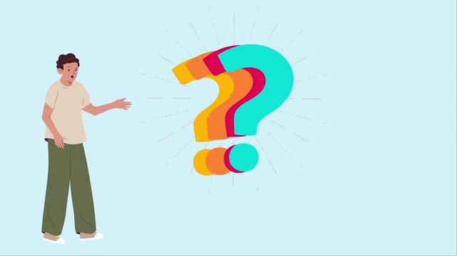 Confused man looking at multiple colorful question marks appearing in flat vector illustration design style