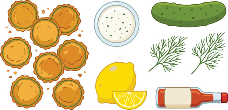 Crispy fried pickle chips vector illustration set featuring golden battered deep fried pickles, ranch dipping sauce, whole green pickle, fresh dill sprigs, lemon, and hot sauce