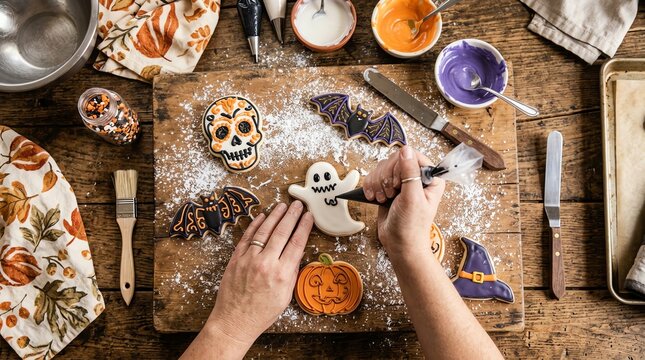 Person decorating Halloween cookies with icing