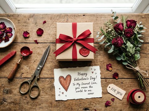 Romantic Valentine's Day Gift Preparation with Roses and a Card