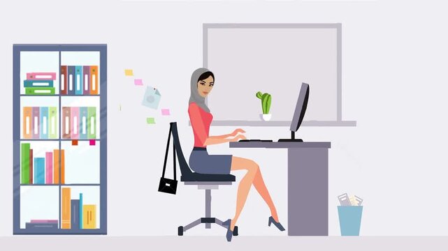 Muslim businesswoman wearing hijab sitting at office desk typing on computer while looking at camera