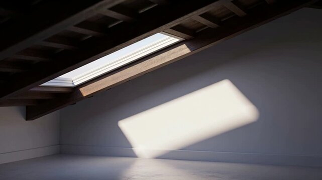Shifting sun patch sliding down on sloped wall in loft while sun moving, revealing skylight rafters