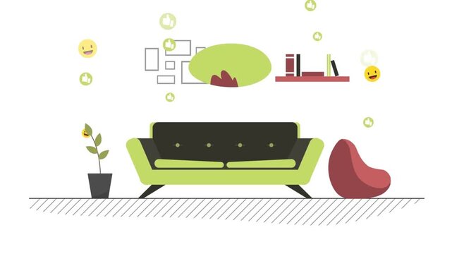 Smiling young man face graphic floating inside modern living room interior background with sofa and plants