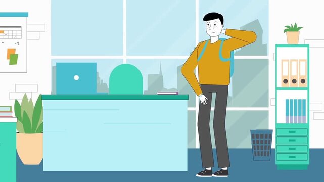 Young man standing inside bright office environment wearing backpack and scratching head while thinking about work