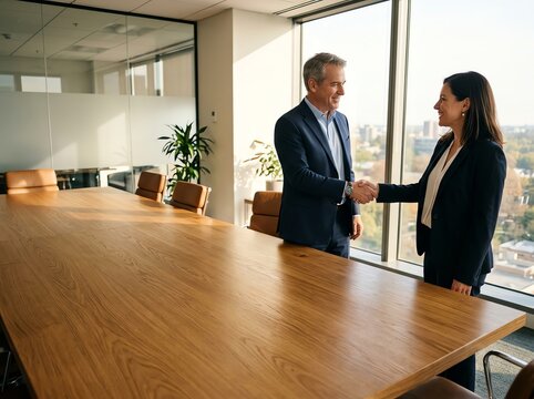 Two Business Professionals Shaking Hands in a Modern Boardroom with City View