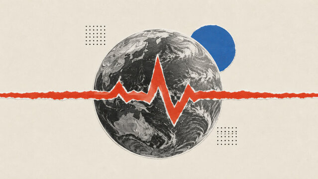 Black and white Earth globe crossed by a torn red heartbeat pulse line. El Ni&ntilde;o climate volatility, planetary vital signs and weather extremes collage