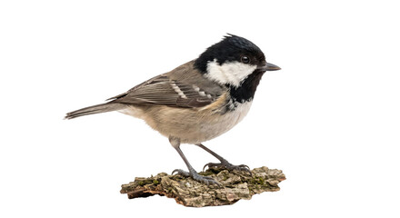 Small coal tit bird perched on a piece of bark, isolated against a solid black background © Ophelia
