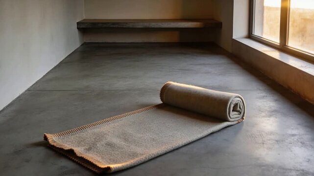 Shifting rolled blanket unrolling across floor in spare room, sunlight from window showing stitch