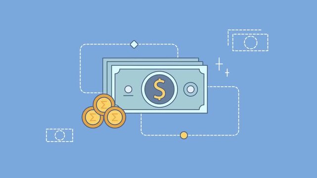 Animated stack of paper money and gold coins floating against bright blue background graphic