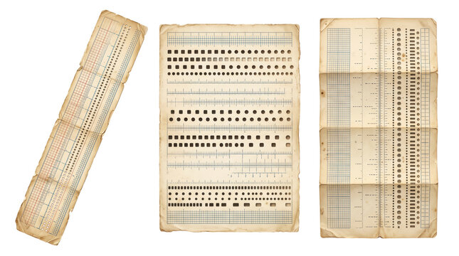 Three aged, folded paper sheets featuring vintage technical charts, grid lines, and rows of geometric shapes on a white background