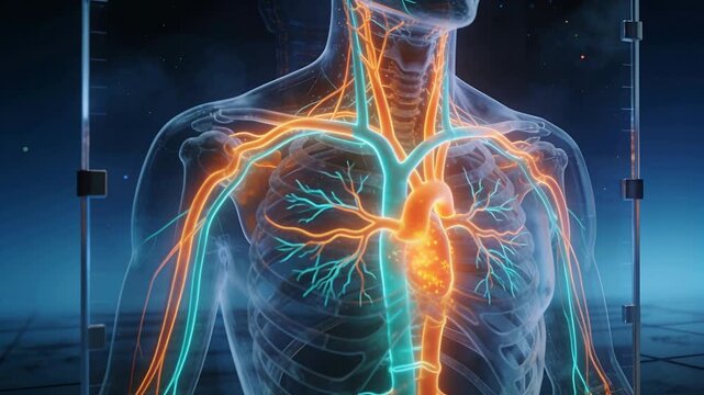 Powering panel torso pulsing glowing heart and lighting orange arteries teal veins for demo, in lab