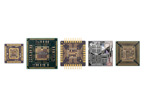 Semiconductor microchip CPU processor chips lined up on black background showing intricate circuit architecture, microelectronics engineering, tech hardware, and modern computing power evolution.
