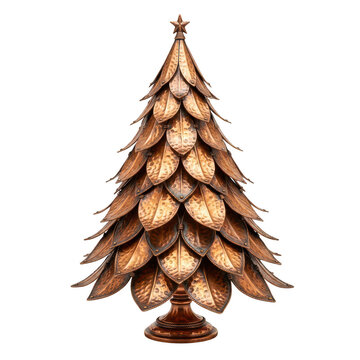 Decorative metallic christmas tree made of hammered copper leaves isolated on transparent background