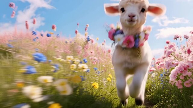 Adorable fluffy white baby lamb running through a colorful spring flower meadow with pink, blue and yellow blossoms under a sunny blue sky, cute Easter animal and springtime nature animation