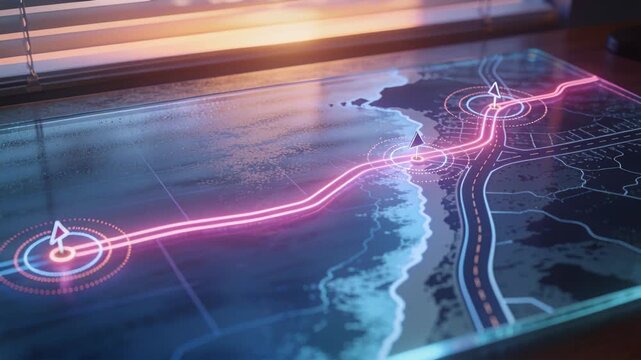 Glowing left arrow initiating neon route, glass map tracing coastal road path linking waypoints
