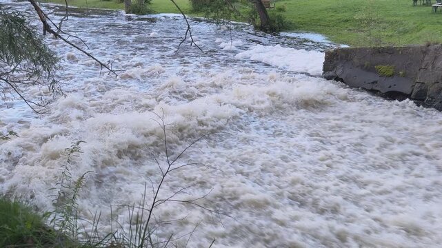 Foamy river water churns below a low urban weir in a close view of the turbulent flow. 