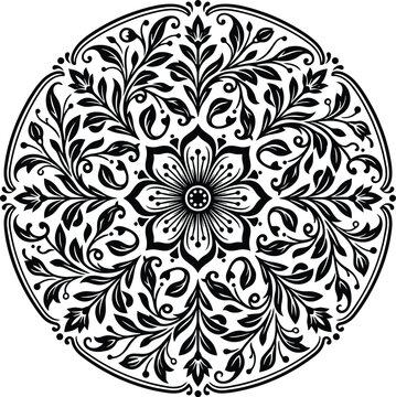 Black and white floral mandala ornament vector illustration with circular rosette pattern
