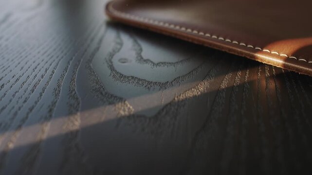 Shifting focus camera revealing wood table on desk, leather folio, sunbeam, dust showing grain seam