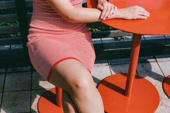 The young woman in the city early in the morning.