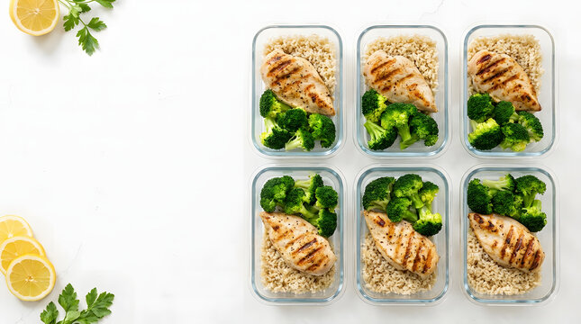 Healthy Meal Prep Grilled Chicken Breast with Broccoli and Grains in Glass Containers Top View