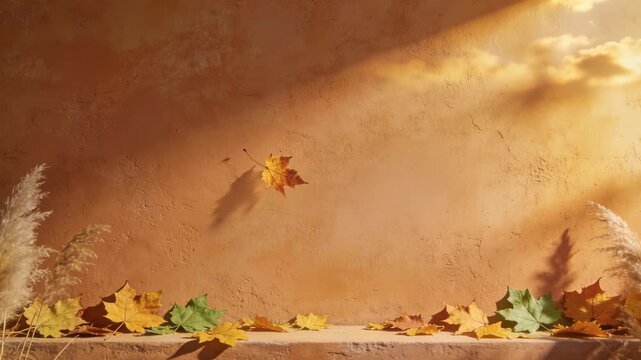 Breeze lifting single maple leaf rotating and drifting toward sunlit ledge with pampas grass