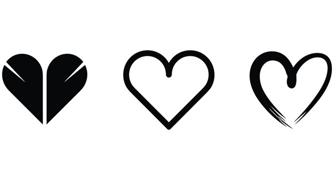 Black heart icon collection in split solid outline and brush stroke styles for love symbol concept
