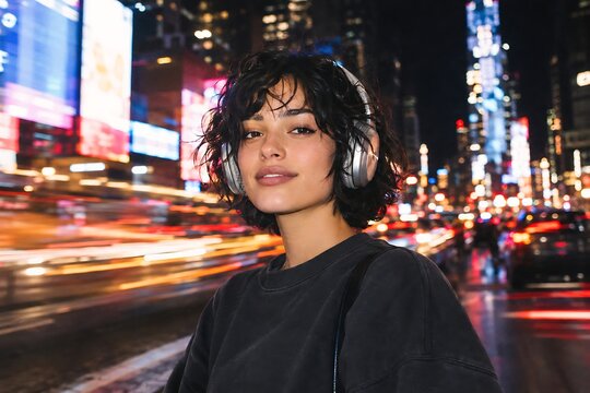 Young woman wearing headphones at night in urban city, modern female listening to music outdoors, night street portrait with neon lights