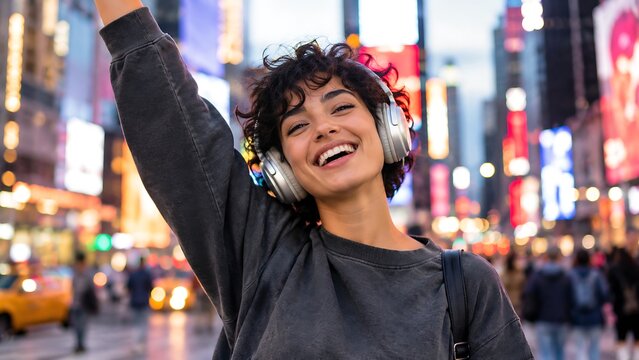 Happy woman listening music with wireless headphones, cheerful young girl celebrating outdoors, joyful urban lifestyle stock photo