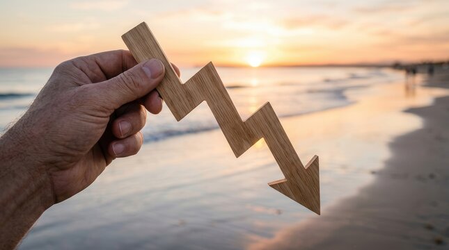 A wooden downward arrow graph held by a hand symbolizing business decline and stock crash at sunset.