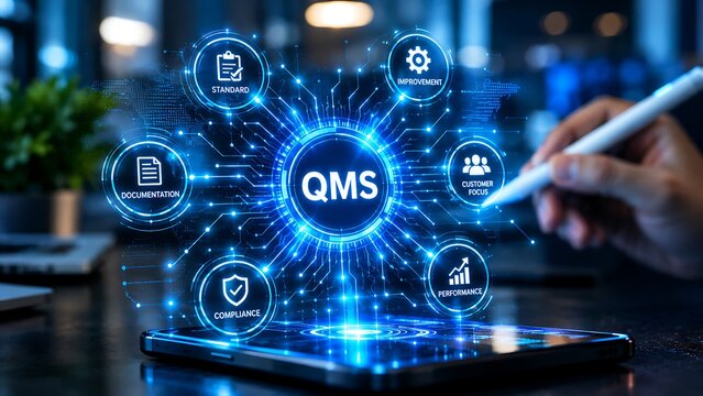 Quality Management System QMS concept, digital business process control network, compliance technology interface