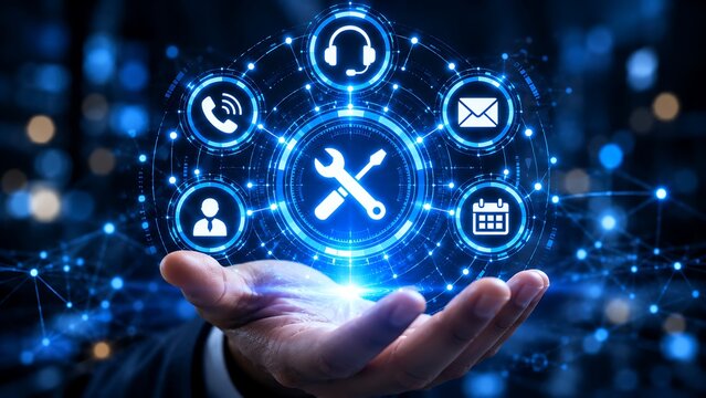 Digital customer support service concept, technical help desk tools overlay, hand holding virtual communication icons