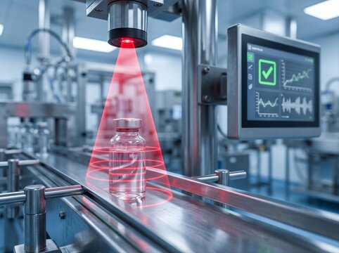 Automated optical inspection sensor scanning vaccine vial on conveyor belt in pharmaceutical factory for medical quality control concept